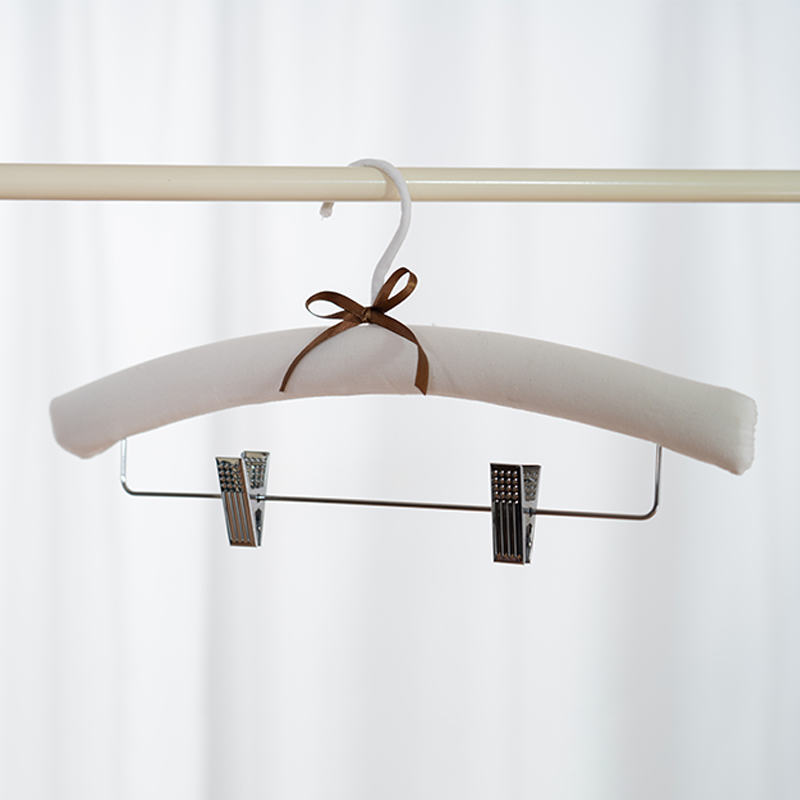 38CM Natural Beige Linen Padded Hanger with Clips Bar